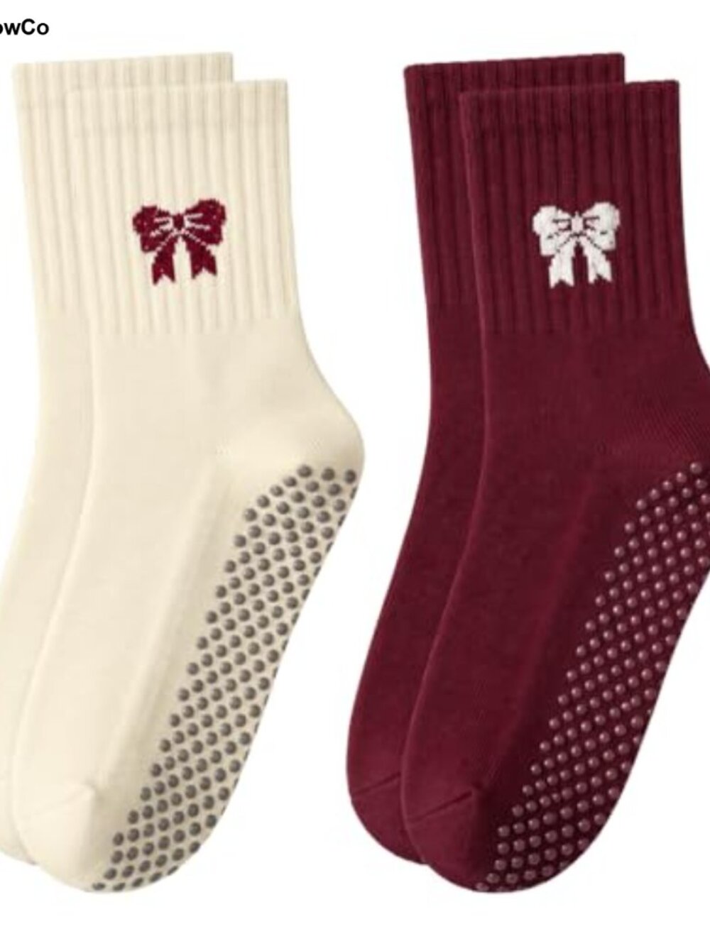 Pilates Yoga Grip Socks with Ruffle Bow, Anti-Slip Silicone Crew Socks for Women